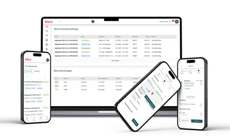 A laptop and three smartphones with the klarxMANAGER app open for digitally renting construction equipment